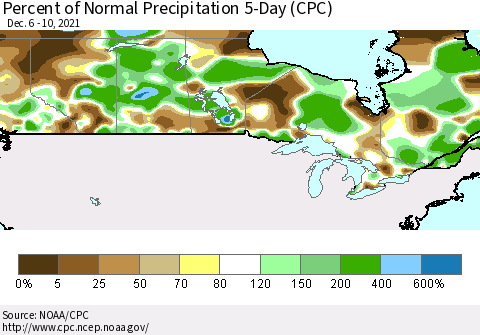 Canada Percent of Normal Precipitation 5-Day (CPC) Thematic Map For 12/6/2021 - 12/10/2021