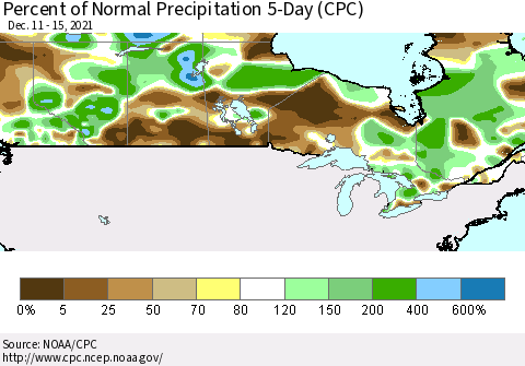 Canada Percent of Normal Precipitation 5-Day (CPC) Thematic Map For 12/11/2021 - 12/15/2021