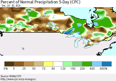 Canada Percent of Normal Precipitation 5-Day (CPC) Thematic Map For 12/16/2021 - 12/20/2021