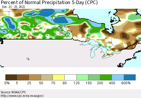 Canada Percent of Normal Precipitation 5-Day (CPC) Thematic Map For 12/21/2021 - 12/25/2021