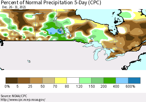 Canada Percent of Normal Precipitation 5-Day (CPC) Thematic Map For 12/26/2021 - 12/31/2021