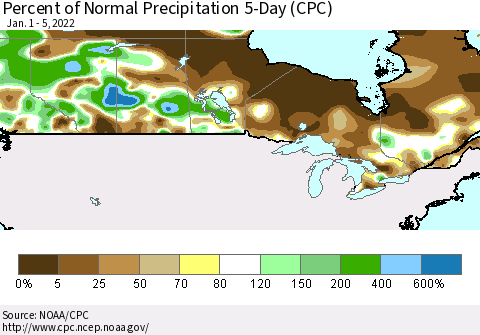 Canada Percent of Normal Precipitation 5-Day (CPC) Thematic Map For 1/1/2022 - 1/5/2022