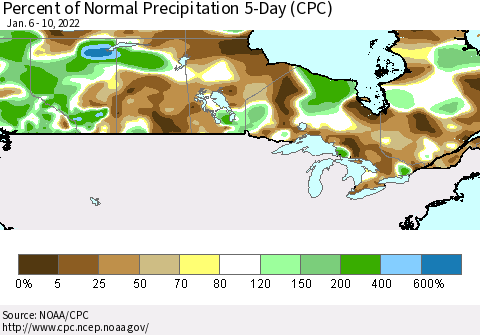Canada Percent of Normal Precipitation 5-Day (CPC) Thematic Map For 1/6/2022 - 1/10/2022