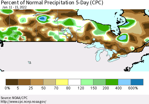 Canada Percent of Normal Precipitation 5-Day (CPC) Thematic Map For 1/11/2022 - 1/15/2022