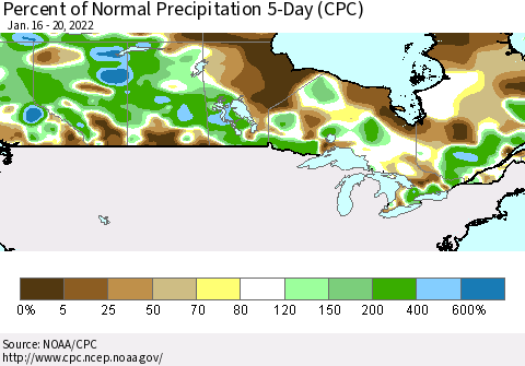 Canada Percent of Normal Precipitation 5-Day (CPC) Thematic Map For 1/16/2022 - 1/20/2022