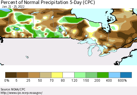 Canada Percent of Normal Precipitation 5-Day (CPC) Thematic Map For 1/21/2022 - 1/25/2022