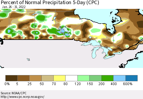Canada Percent of Normal Precipitation 5-Day (CPC) Thematic Map For 1/26/2022 - 1/31/2022
