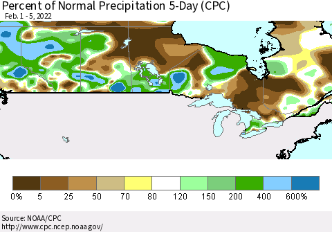 Canada Percent of Normal Precipitation 5-Day (CPC) Thematic Map For 2/1/2022 - 2/5/2022