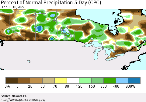 Canada Percent of Normal Precipitation 5-Day (CPC) Thematic Map For 2/6/2022 - 2/10/2022