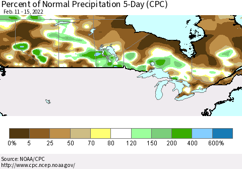 Canada Percent of Normal Precipitation 5-Day (CPC) Thematic Map For 2/11/2022 - 2/15/2022