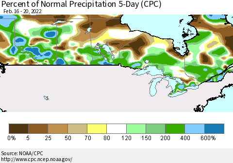 Canada Percent of Normal Precipitation 5-Day (CPC) Thematic Map For 2/16/2022 - 2/20/2022