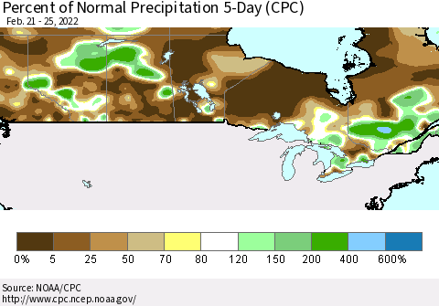 Canada Percent of Normal Precipitation 5-Day (CPC) Thematic Map For 2/21/2022 - 2/25/2022