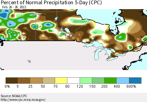 Canada Percent of Normal Precipitation 5-Day (CPC) Thematic Map For 2/26/2022 - 2/28/2022
