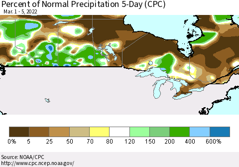 Canada Percent of Normal Precipitation 5-Day (CPC) Thematic Map For 3/1/2022 - 3/5/2022