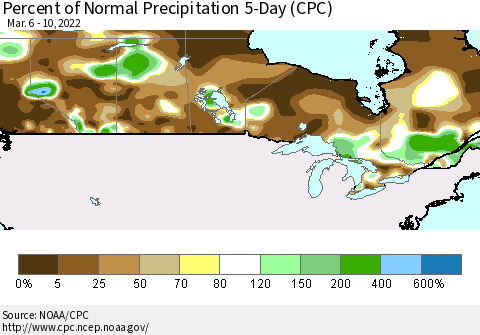 Canada Percent of Normal Precipitation 5-Day (CPC) Thematic Map For 3/6/2022 - 3/10/2022