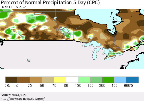 Canada Percent of Normal Precipitation 5-Day (CPC) Thematic Map For 3/11/2022 - 3/15/2022