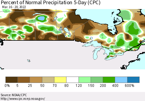 Canada Percent of Normal Precipitation 5-Day (CPC) Thematic Map For 3/16/2022 - 3/20/2022