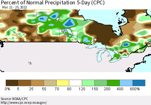 Canada Percent of Normal Precipitation 5-Day (CPC) Thematic Map For 3/21/2022 - 3/25/2022