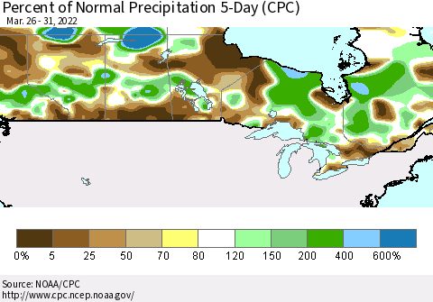 Canada Percent of Normal Precipitation 5-Day (CPC) Thematic Map For 3/26/2022 - 3/31/2022