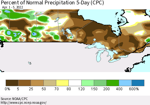 Canada Percent of Normal Precipitation 5-Day (CPC) Thematic Map For 4/1/2022 - 4/5/2022