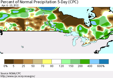 Canada Percent of Normal Precipitation 5-Day (CPC) Thematic Map For 4/6/2022 - 4/10/2022