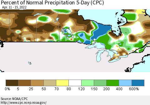 Canada Percent of Normal Precipitation 5-Day (CPC) Thematic Map For 4/11/2022 - 4/15/2022