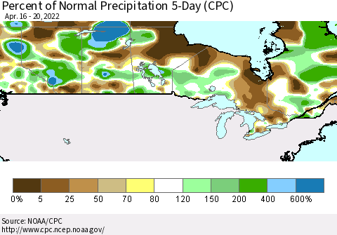 Canada Percent of Normal Precipitation 5-Day (CPC) Thematic Map For 4/16/2022 - 4/20/2022