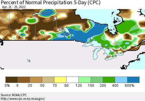 Canada Percent of Normal Precipitation 5-Day (CPC) Thematic Map For 4/21/2022 - 4/25/2022