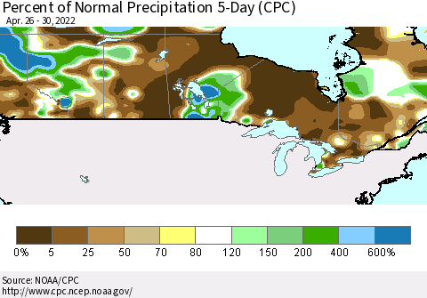 Canada Percent of Normal Precipitation 5-Day (CPC) Thematic Map For 4/26/2022 - 4/30/2022