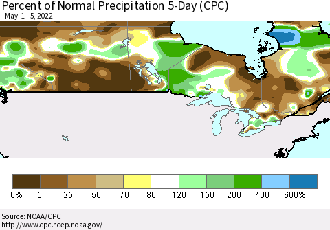 Canada Percent of Normal Precipitation 5-Day (CPC) Thematic Map For 5/1/2022 - 5/5/2022