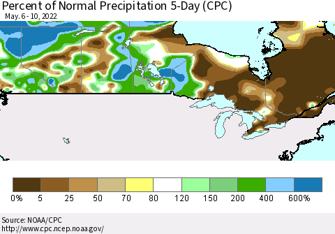 Canada Percent of Normal Precipitation 5-Day (CPC) Thematic Map For 5/6/2022 - 5/10/2022