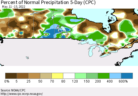 Canada Percent of Normal Precipitation 5-Day (CPC) Thematic Map For 5/11/2022 - 5/15/2022
