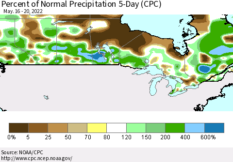 Canada Percent of Normal Precipitation 5-Day (CPC) Thematic Map For 5/16/2022 - 5/20/2022