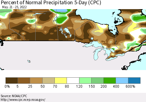 Canada Percent of Normal Precipitation 5-Day (CPC) Thematic Map For 5/21/2022 - 5/25/2022