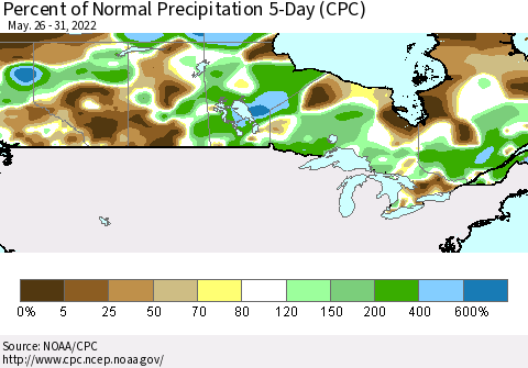 Canada Percent of Normal Precipitation 5-Day (CPC) Thematic Map For 5/26/2022 - 5/31/2022
