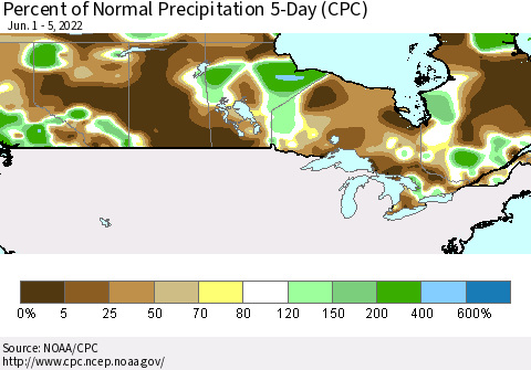 Canada Percent of Normal Precipitation 5-Day (CPC) Thematic Map For 6/1/2022 - 6/5/2022