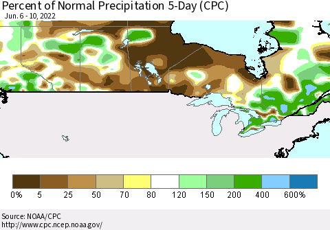 Canada Percent of Normal Precipitation 5-Day (CPC) Thematic Map For 6/6/2022 - 6/10/2022