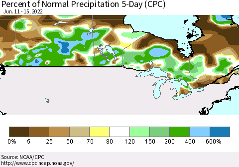 Canada Percent of Normal Precipitation 5-Day (CPC) Thematic Map For 6/11/2022 - 6/15/2022