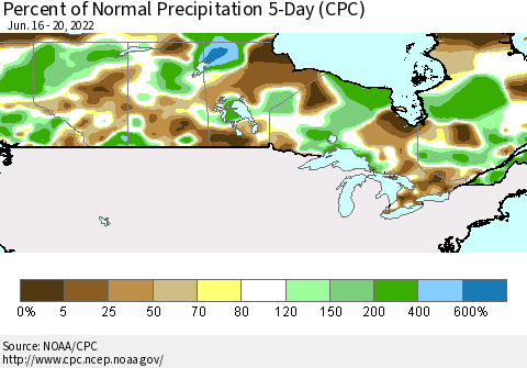 Canada Percent of Normal Precipitation 5-Day (CPC) Thematic Map For 6/16/2022 - 6/20/2022