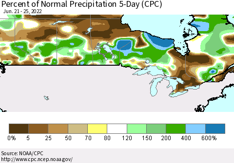 Canada Percent of Normal Precipitation 5-Day (CPC) Thematic Map For 6/21/2022 - 6/25/2022