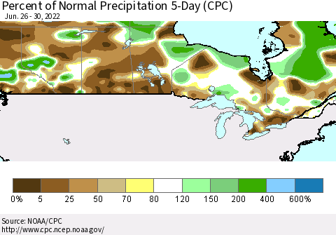 Canada Percent of Normal Precipitation 5-Day (CPC) Thematic Map For 6/26/2022 - 6/30/2022