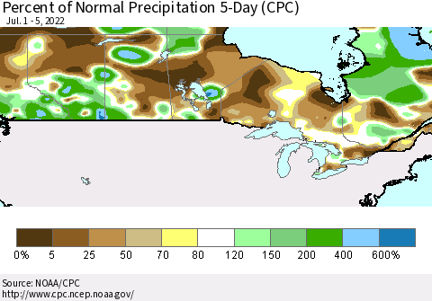 Canada Percent of Normal Precipitation 5-Day (CPC) Thematic Map For 7/1/2022 - 7/5/2022