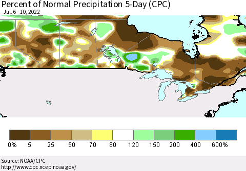 Canada Percent of Normal Precipitation 5-Day (CPC) Thematic Map For 7/6/2022 - 7/10/2022
