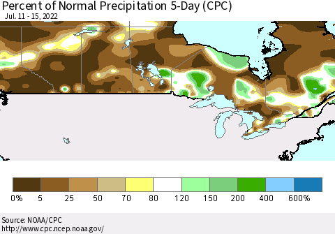 Canada Percent of Normal Precipitation 5-Day (CPC) Thematic Map For 7/11/2022 - 7/15/2022