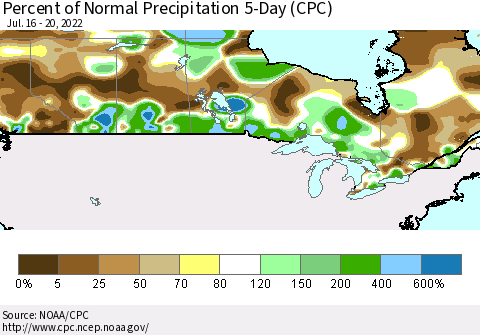 Canada Percent of Normal Precipitation 5-Day (CPC) Thematic Map For 7/16/2022 - 7/20/2022