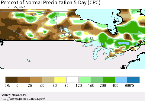 Canada Percent of Normal Precipitation 5-Day (CPC) Thematic Map For 7/21/2022 - 7/25/2022