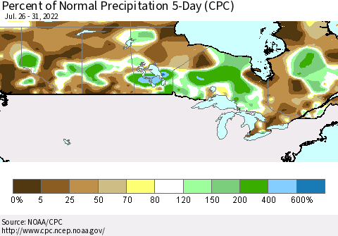 Canada Percent of Normal Precipitation 5-Day (CPC) Thematic Map For 7/26/2022 - 7/31/2022