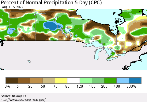 Canada Percent of Normal Precipitation 5-Day (CPC) Thematic Map For 8/1/2022 - 8/5/2022