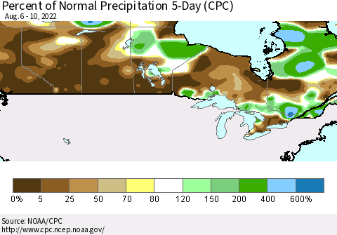 Canada Percent of Normal Precipitation 5-Day (CPC) Thematic Map For 8/6/2022 - 8/10/2022