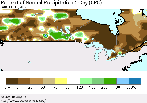 Canada Percent of Normal Precipitation 5-Day (CPC) Thematic Map For 8/11/2022 - 8/15/2022